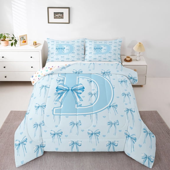 Erosebridal Kawaii Blue D Letter Monogrammed Girl Full Size Comforter Sets 3 Pieces,Girls Children Dreamy Bowtie Love Heart Bedding Sets,Breathable Home Decor