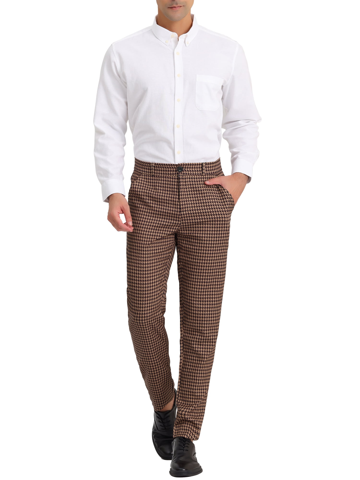 Unique Bargains Men's Geometric Printed Color Block Flat Front Dress Pants 36 Brown