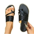 thumbnail image 4 of LOVZFMLL Women's Flat Sandals Sparkly Metallic Toe Loop Glitter Rhinestone Single Band Outdoor Flip Flops Open Toe Dressy Slides Black 8.5, 4 of 7