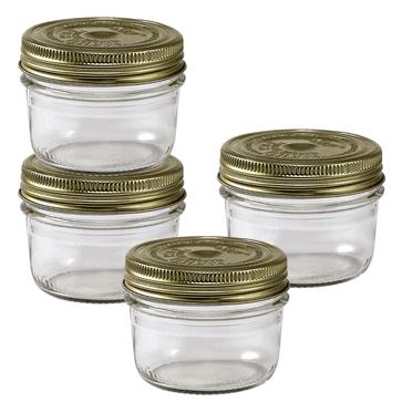 Le Parfait Familia Wiss Terrine - 200ml Wide Mouth French Glass Mason Jar w/ 2-Piece Gold Lid, 7oz/Half Pint (Pack of 4)