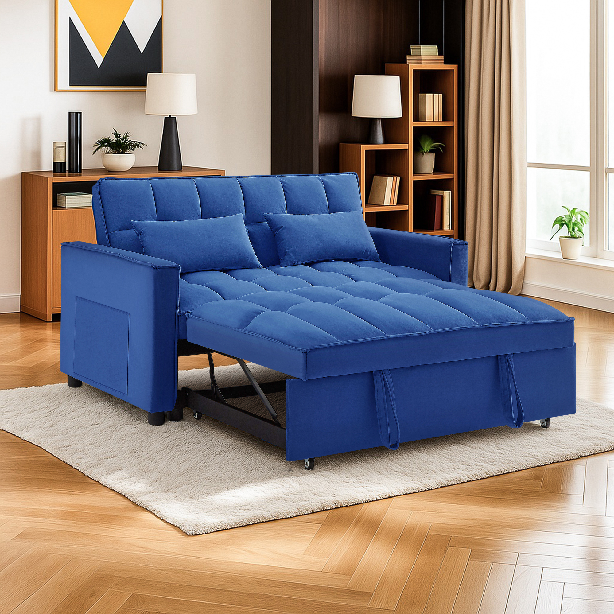 Kadyn Futon Sofa Bed, 54" Adjustable Backrest Convertible Futon Sofa for Living Room, Futon Sleeper Sofa with Side Pouch, Blue
