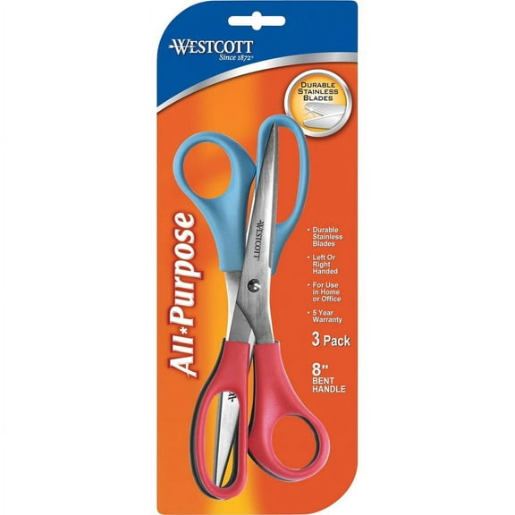 Westcott 8" Straight All-purpose Value Scissors - 8" Overall Length - Straight-left/right - Stainless Steel - Assorted - 3 / Pack | Bundle of 5 Packs