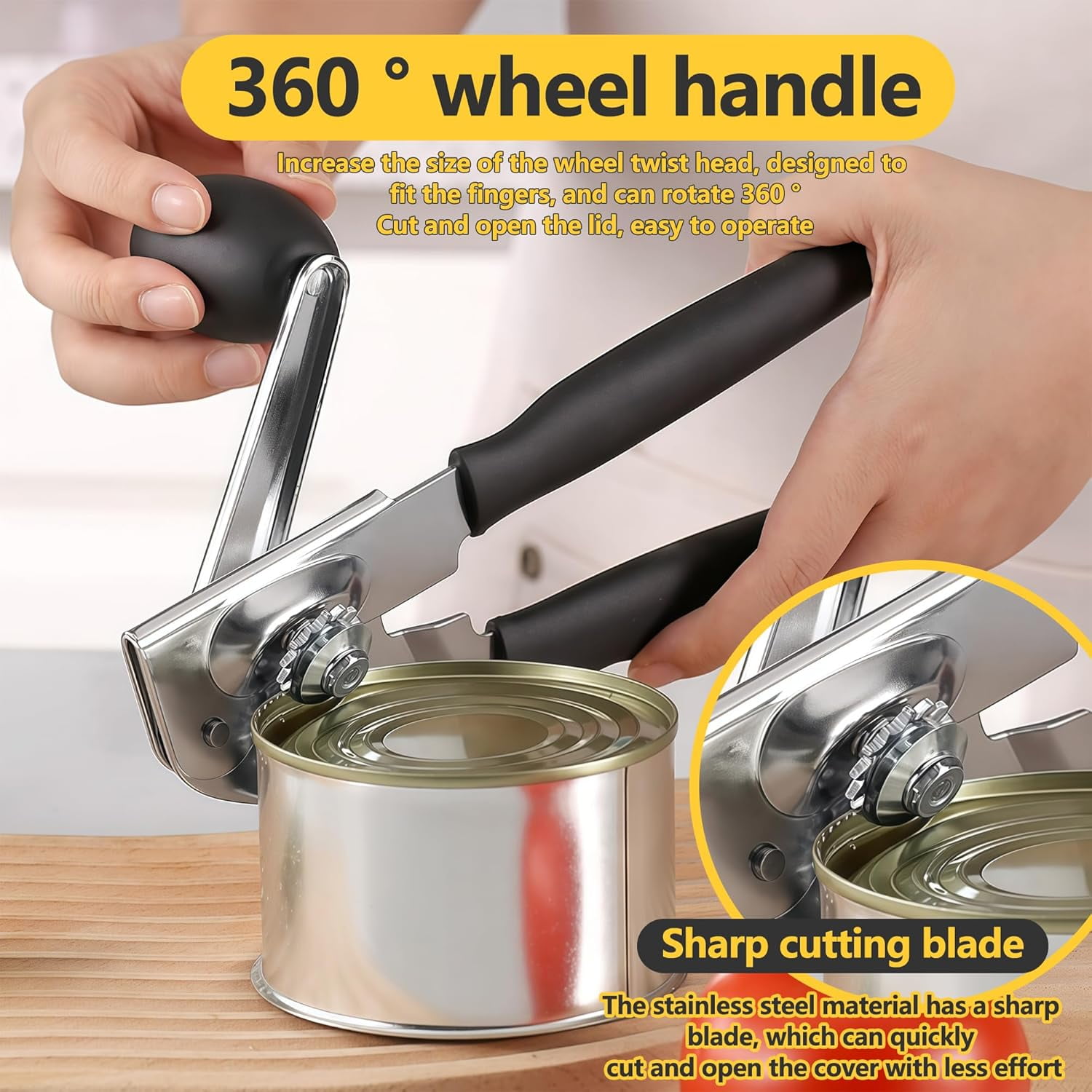 ABCISI Commercial Can Opener, Hand Crank Can Opener Manual Heavy Duty, Ergonomic Design, with Comfortable Long Handles, Oversized Knob, Large Handheld Can Open Easy for Big Cans, for Seniors, Black