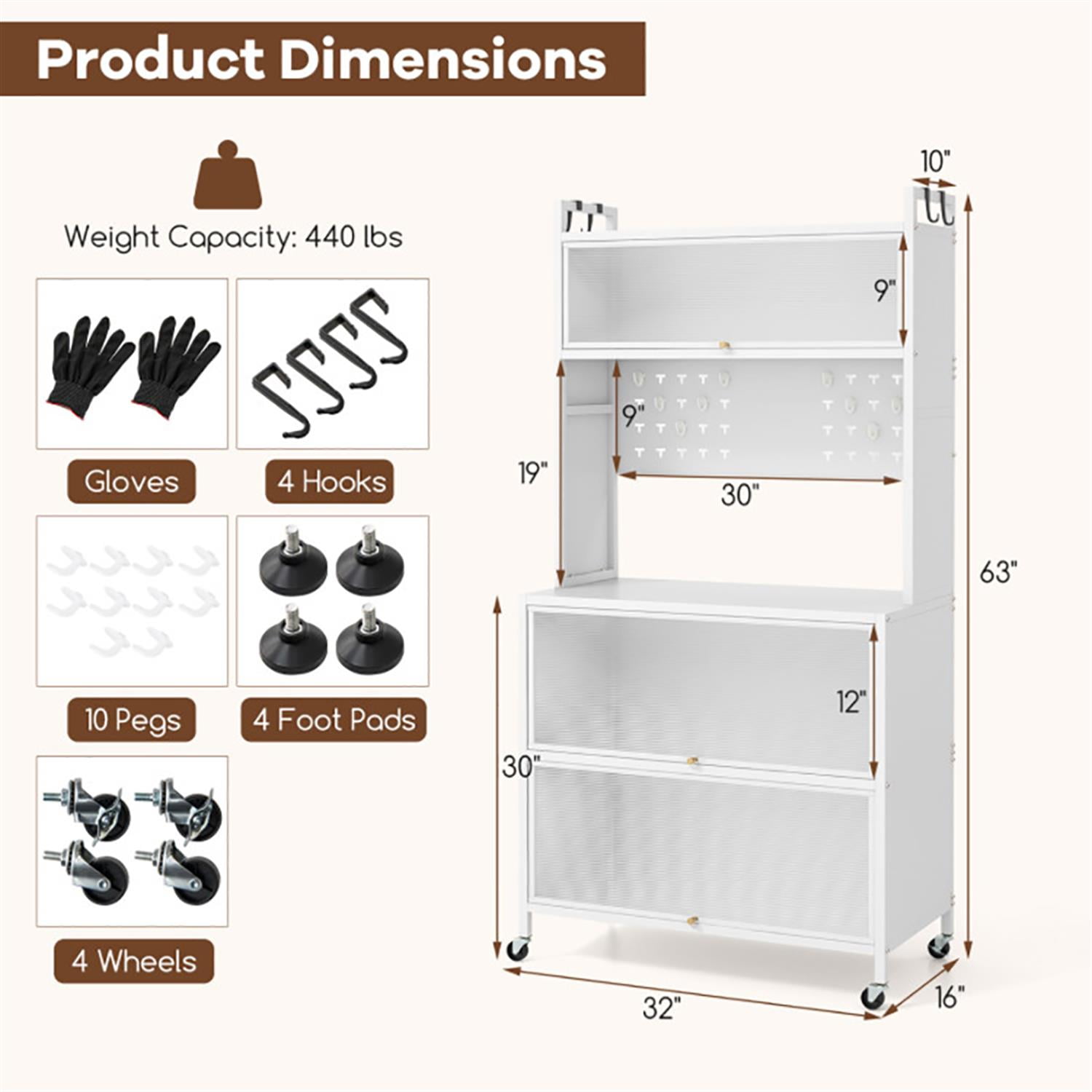 Demi Bonn 5 Tier Bakers Rack for Kitchen with Lights and Storage, Coffee Bar with Flip Door Cabinets, Multifunctional Microwave Stand Kitchen Storage Shelf, White