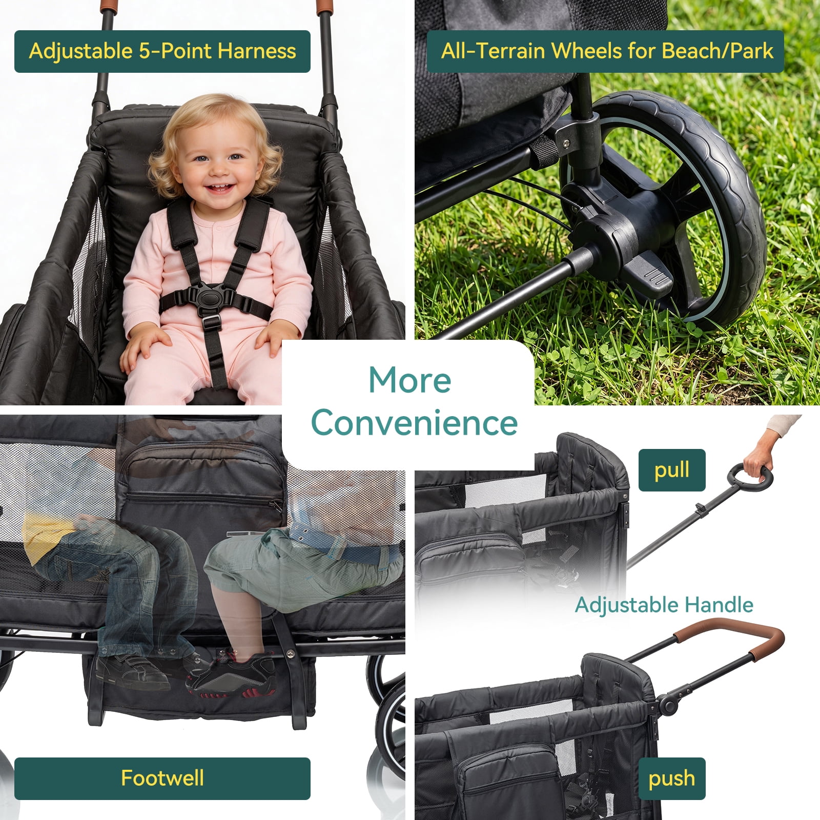 Folding Push Pull Wagon Stroller for 2 Kids – Adjustable Canopy UPF 50+ and Mosquito Net, 5-Point Harness, All-Terrain Wheels, Large Storage with Snack Tray, Ideal for Baby Toddler Park Beach Travel