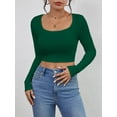 thumbnail image 4 of Long Sleeve Crop Tops for Women Ribbed Square Neck Slim Fitted Casual Lady Fashion Top Dark Green XS, 4 of 5