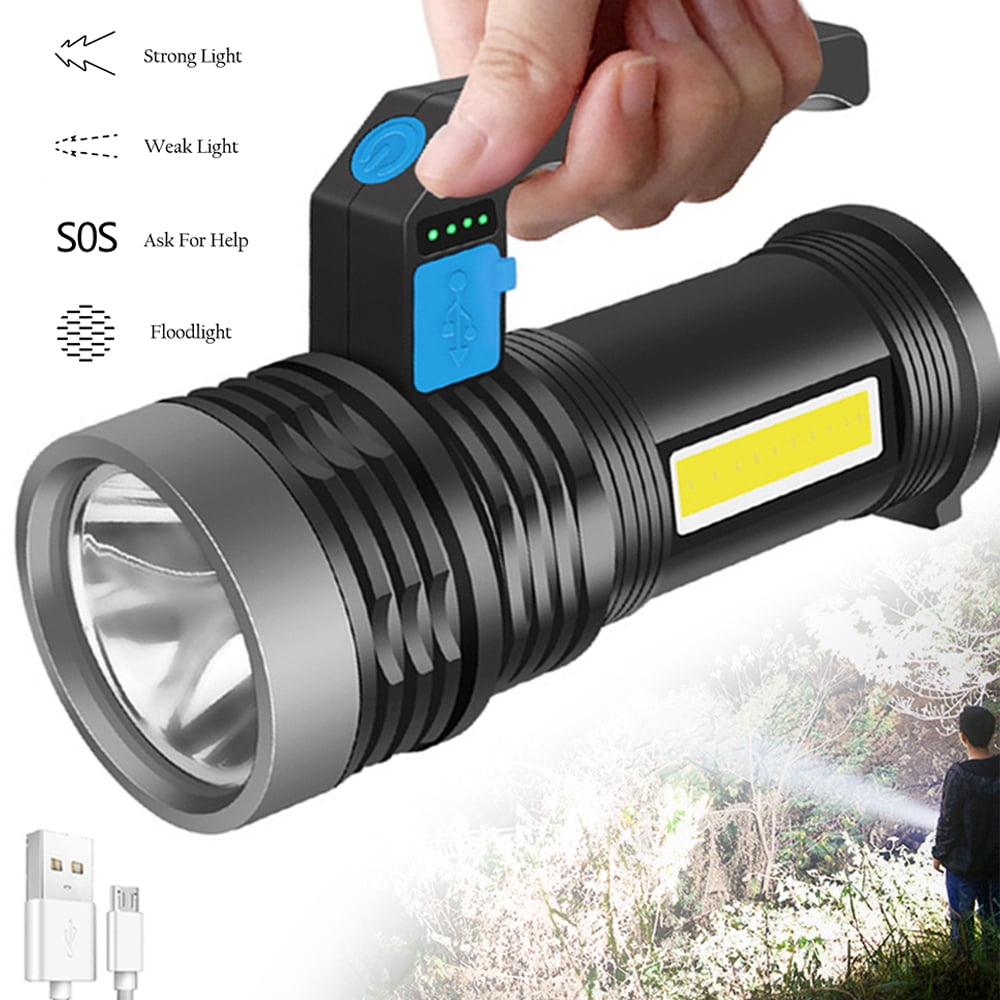 Long Range Strong Searchlight LED Flashlight with COB Sidelight USB Rechargeable 