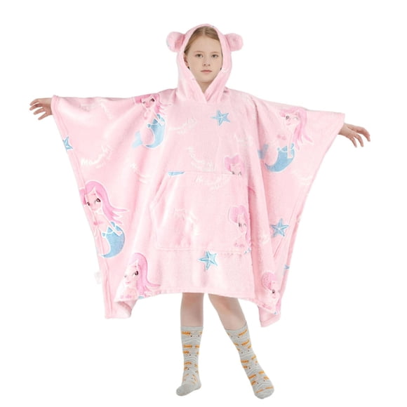 Marina Decoration Glow in the Dark Blanket Wearable Hoodie for Kids Girls Oversized Woven Fluffy Plush Soft Warm Cozy Flannel Fleece Hooded Sweatshirt with Giant Pocket, 110 x 75 cm Pink Mermaid