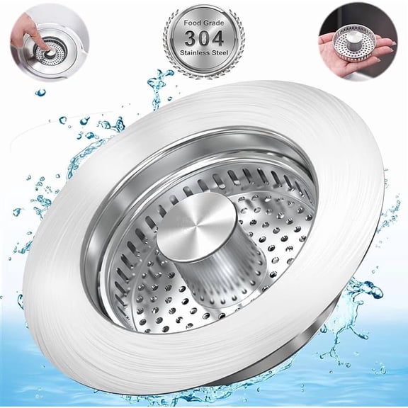 Upgraded 3 in 1 Kitchen Sink Drain Strainer Stopper, Brushed Stainless Steel SUS 304 Pop Up Sink Drain Stopper for Standard 3-1/2 Inch Drain Anti-Clogging Odor Prevention