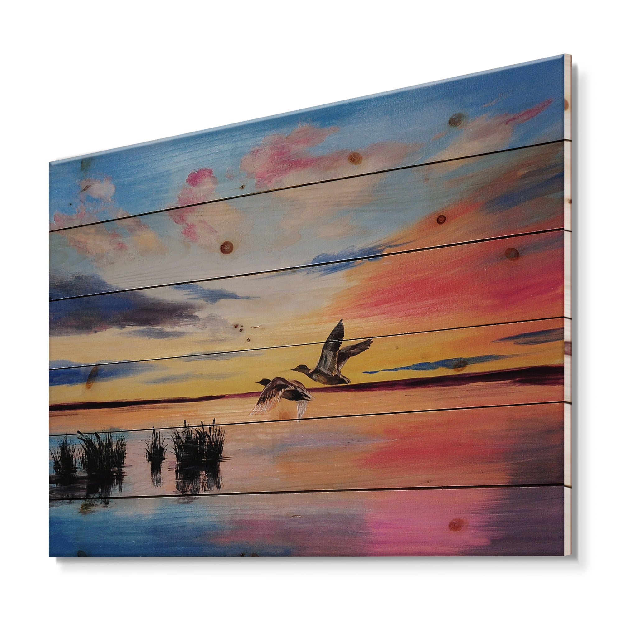 Designart 'Crane Birds Flying During Colorful Sunset' Nautical & Coastal Print on Natural Pine Wood