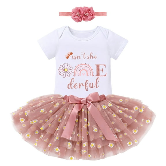IBTOM CASTLE Infant Baby Girls 1st Birthday Outfits Short Sleeve Romper Tutu Skirt Headband 3PCS Set for Cake Smash Photoshoot 1 Year Dusty Pink & Daisy