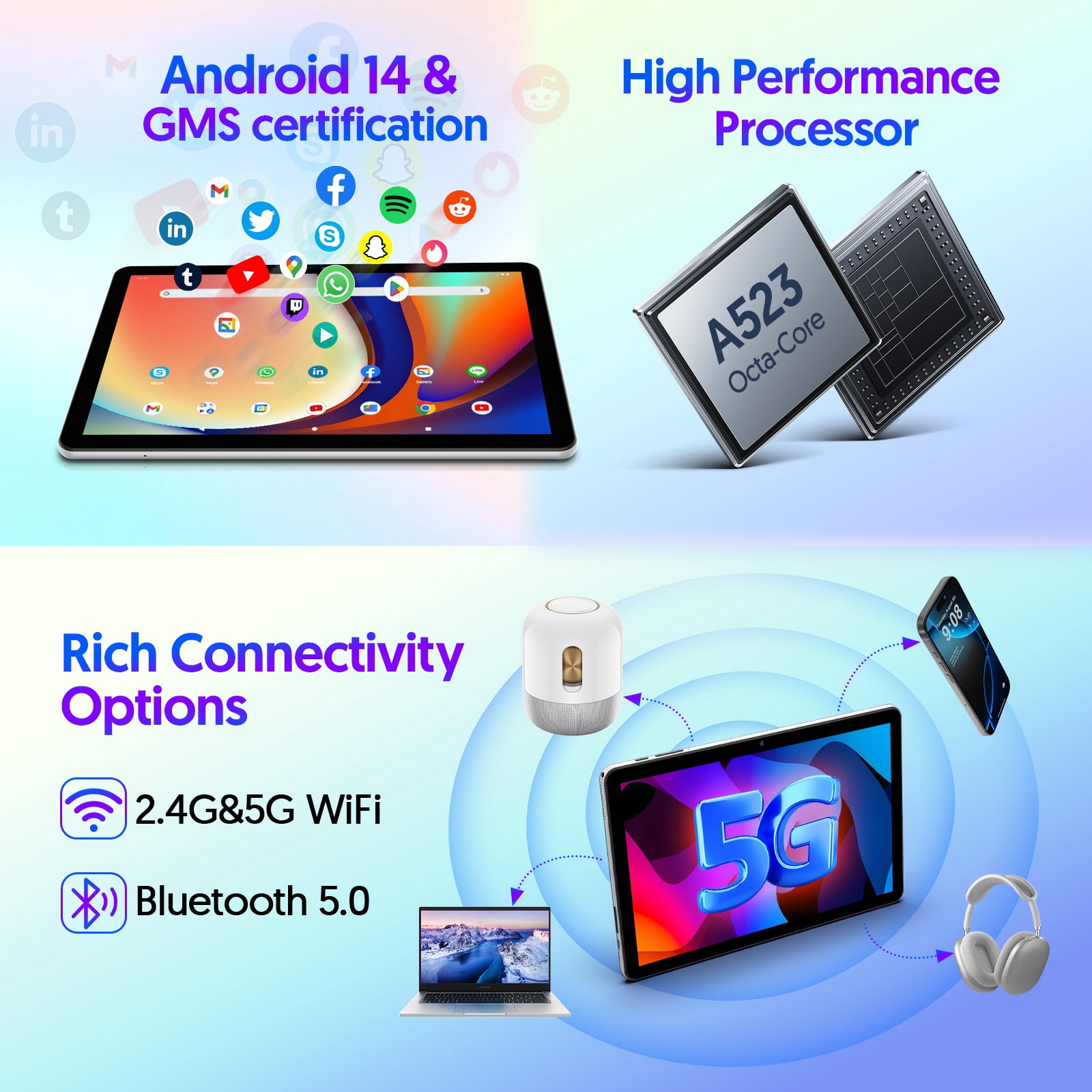 10.1 Inch Tablets Android 14 Tablet with Octa-Core,8GB+32GB+1TB TF Expansion, 6000mAh Battery,5G WiFi6,Dual Camera 2 in 1 Tablets with Keyboard, Mouse,Pen,Case