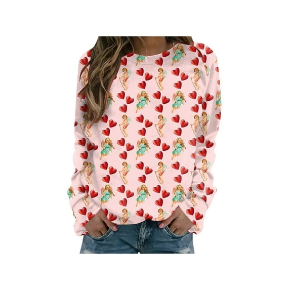 Qmyliery Women T-shirt Long Sleeve Printed Fall Casual Valentine’s Day Tops