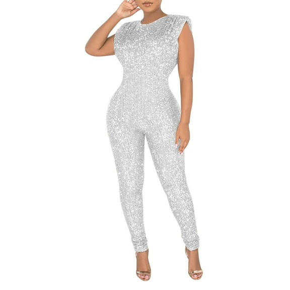 Women's Autumn And Womter Fashion Casual Sequins Sexy Sleeveless Slim Jumpsuit (Excluding Belt)