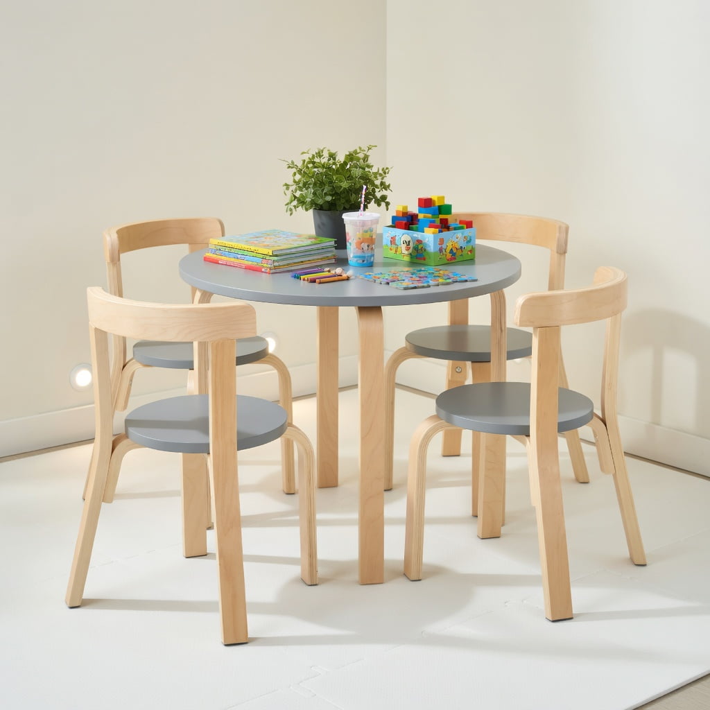 Resenkos 5-Piece Kids Wooden Curved Back Activity Table and Chair Set with Toy Bricks-Gray, Small Folding Table for Arts & Crafts, Snack Time, Homeschooling, Homework