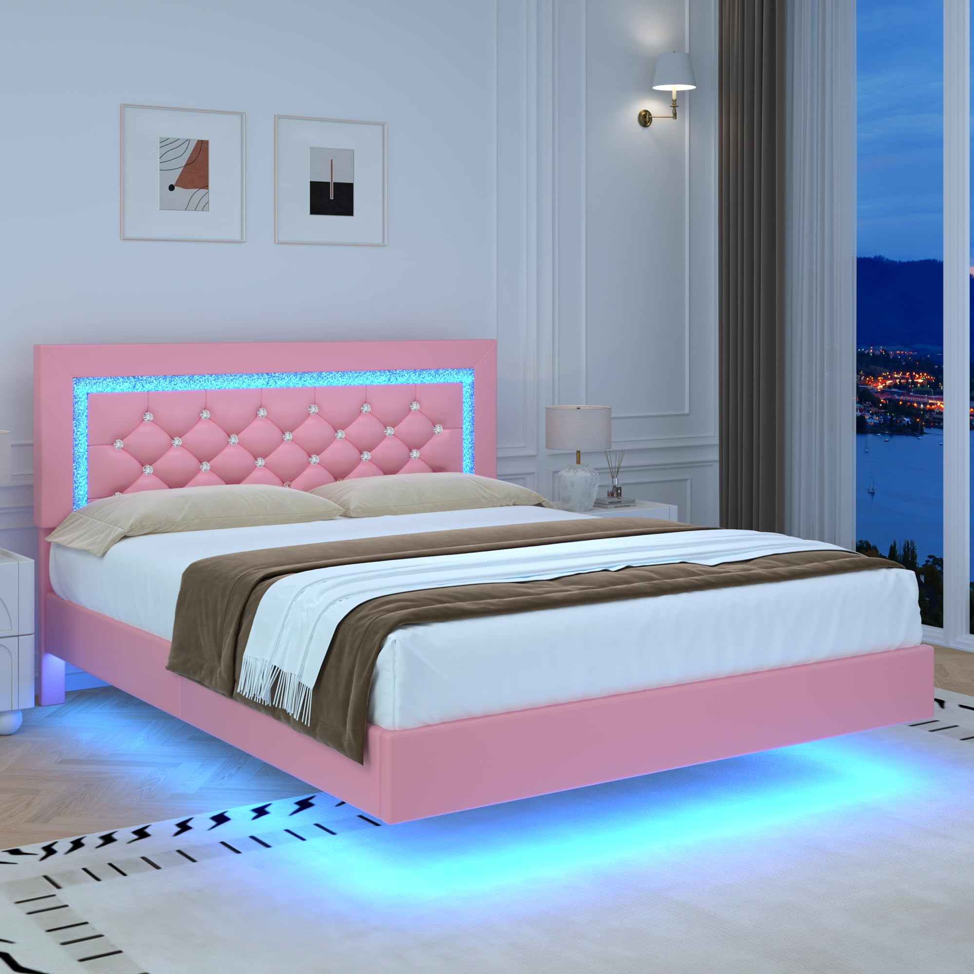 4 EVER WINNER Full Floating Bed Frame with LED Lights, LED Upholstered&nbsp;Platform Bed Frame with Diamond Tufted Headboard, Pink LED Bed Frame for Bedroom, Pink