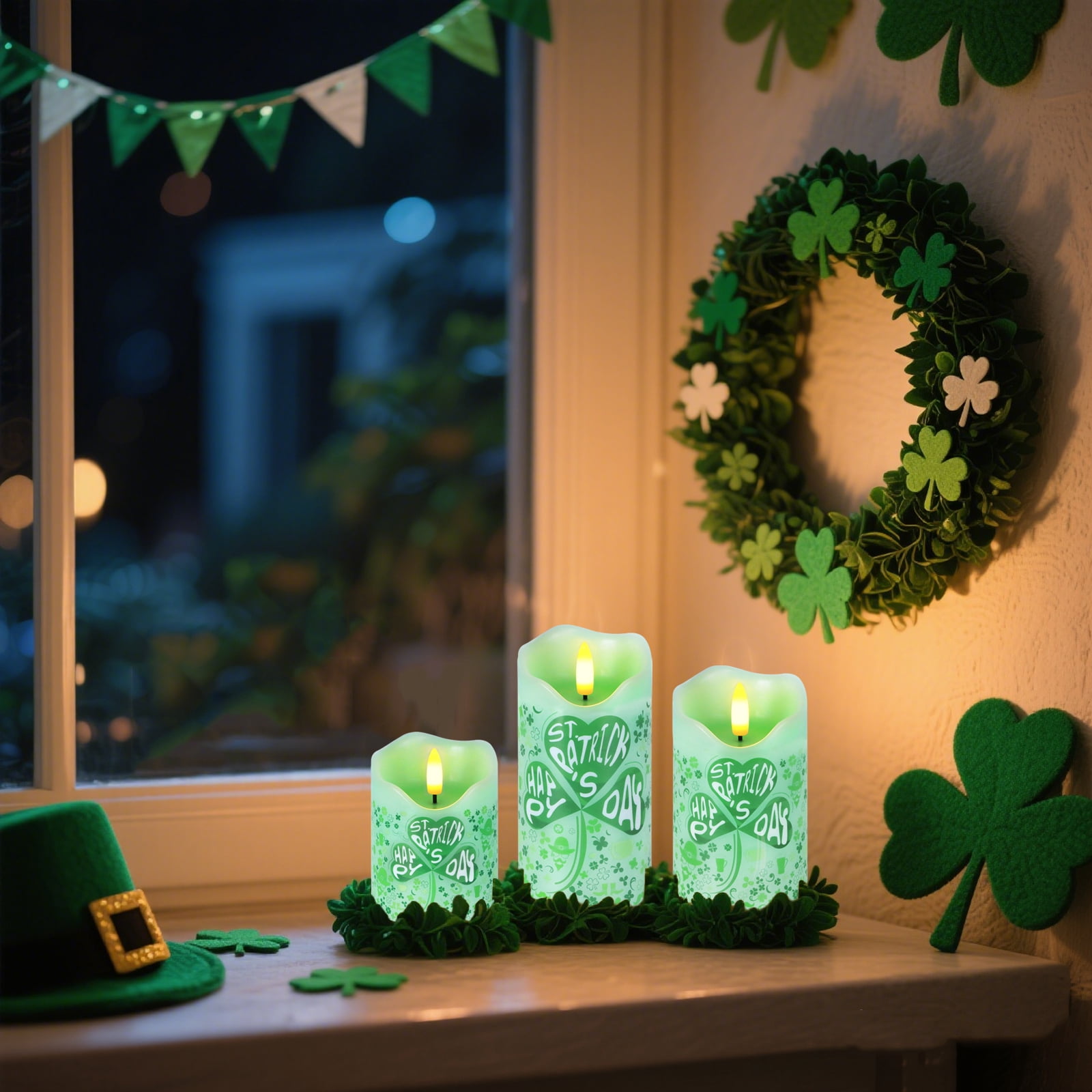 St. Patrick's Day Flameless Candles, Set of 3 Flickering Shamrock LED Candles with Remote & Timer, Dimmable Electric Pillar Candles Battery Operated, Green Candles for Home St. Patrick's Day Decor