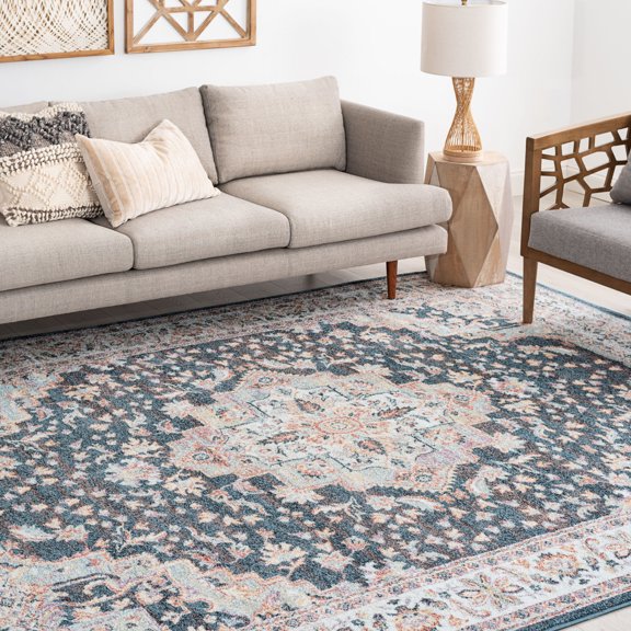 Traditional 5x8 Area Rug (5'3'' x 7'3'') Oriental Navy, Cream Living Room Easy to Clean