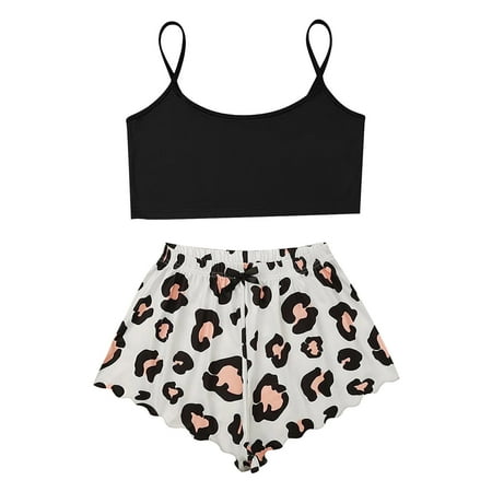 

MIARHB Women Leopard Printing Sleepwear Set Pajamas Sleeveless Cami Shorts Lingerie Slim Sleepwear Set