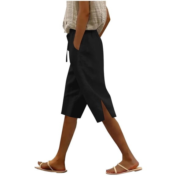 ZQUUVOU Women's Shorts Summer Solid Color Loose Drawstring Side Slit Shorts with Pockets(Black,S)