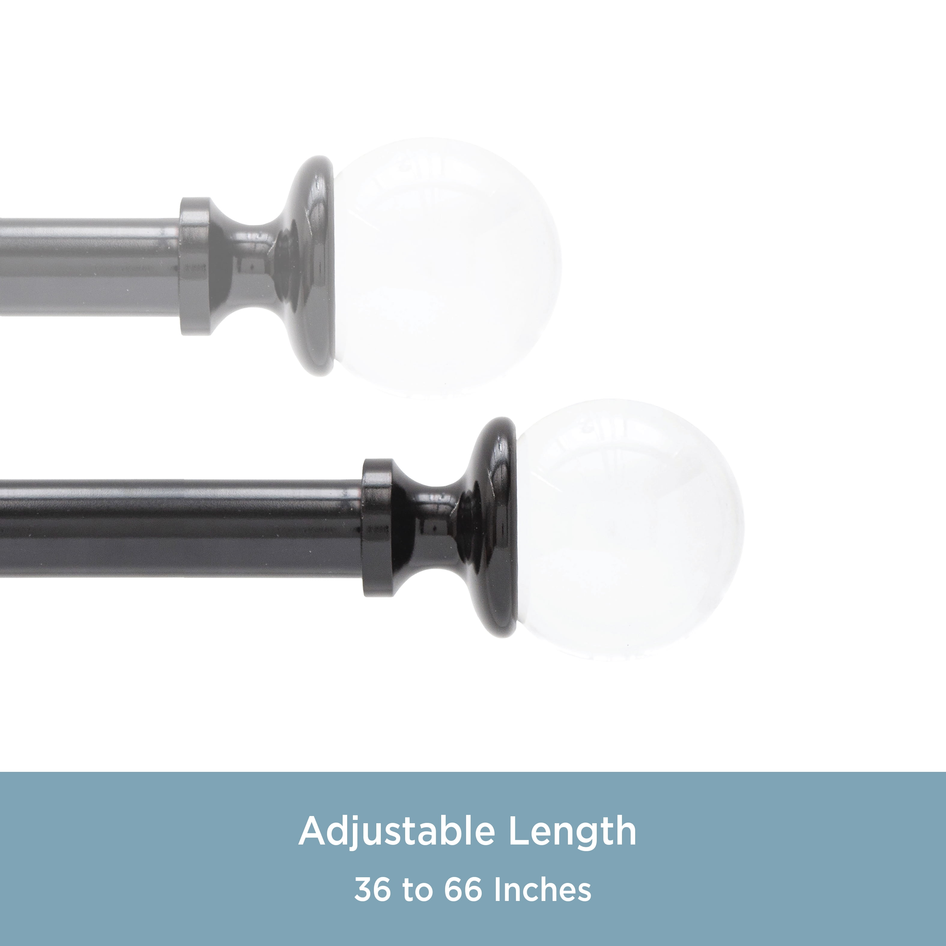 Kenney Clear Ball Premium Steel Decorative Window Curtain Rod, 36-66" Adjustable Length, 1" Dia., Glossy Black