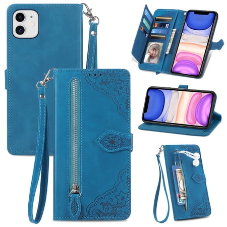 Dteck Case for iPhone 11,Magnetic Leather 7 Card Slots Zipper Wallet Case Shockproof Rubber Kickstand Cover with Wrist Strap, Blue