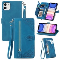 Dteck Case for iPhone 11,Magnetic Leather 7 Card Slots Zipper Wallet Case Shockproof Rubber Kickstand Cover with Wrist Strap, Blue