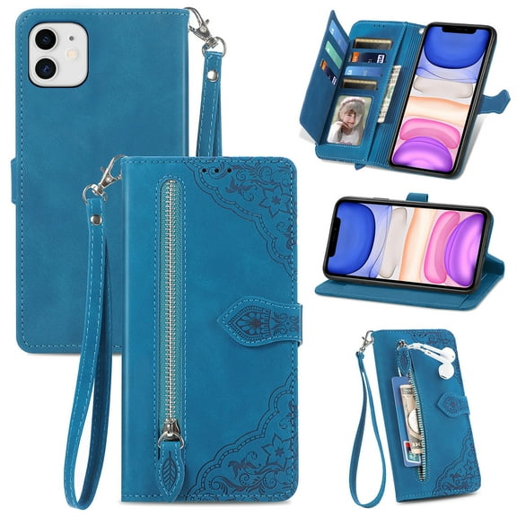 Dteck Case for iPhone 11,Magnetic Leather 7 Card Slots Zipper Wallet Case Shockproof Rubber Kickstand Cover with Wrist Strap, Blue