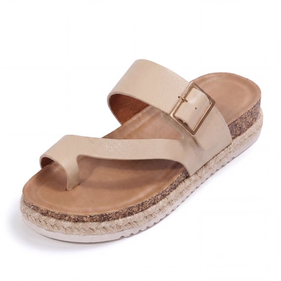 Rexoro Women Sandals Toe Loop Slides Platform PU Leather Espadrilles Casual Beach