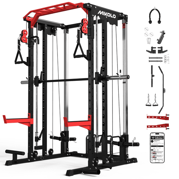 Mikolo Smith Machine, 2000LBS Power Cage Squat Rack with Smith Bar, Two LAT Pull-Down Systems, Cable Crossover Machine and More Cable Attachment for Home Gym