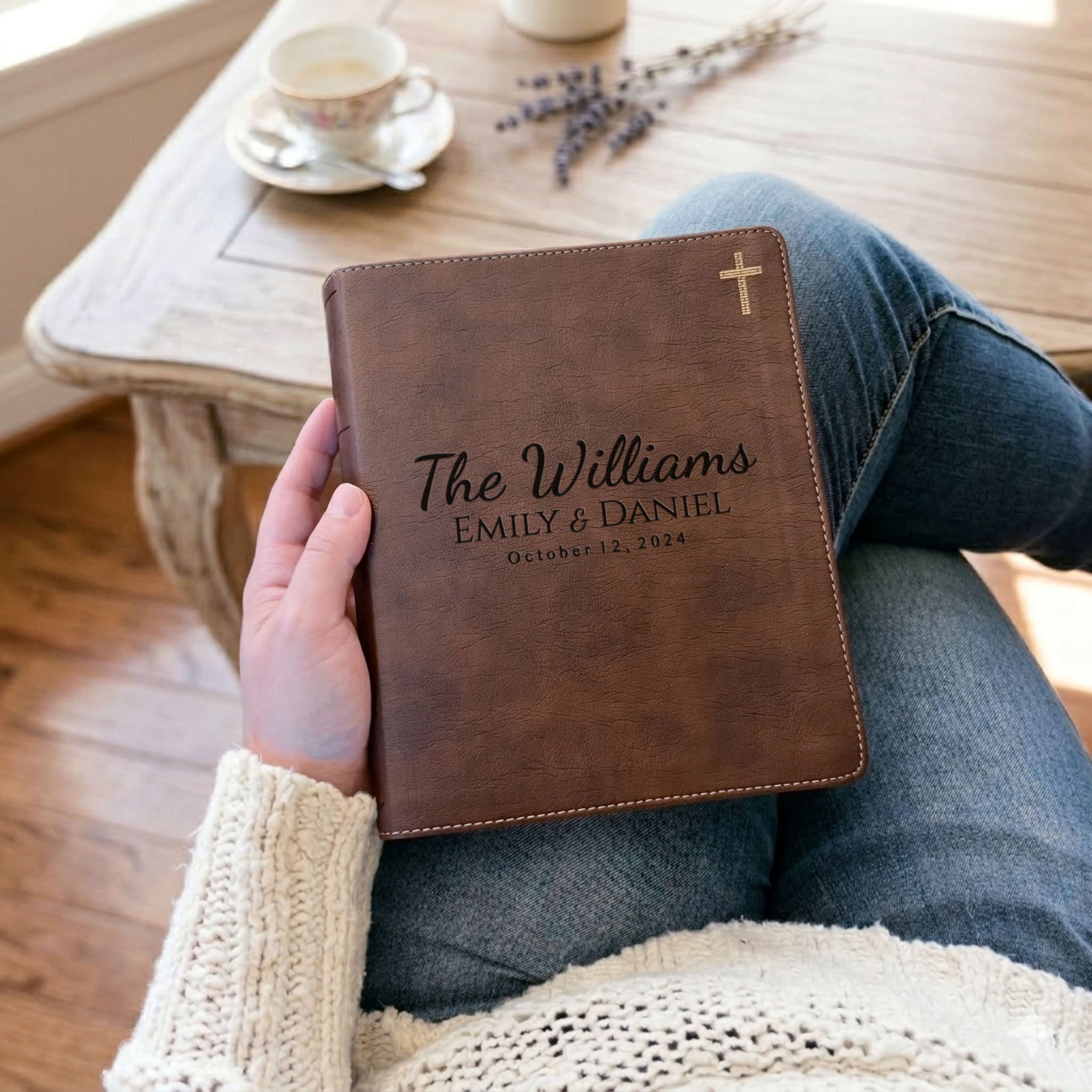 Personalized NIV Wide Margin Journaling Bible, Red Letter Family Bible Set with Tabs & Highlighters, Custom Gift for Wedding or Anniversary