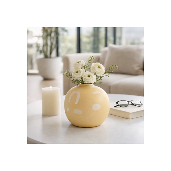 Round Vase for Living Room Decor - Ceramic Stoneware Flower Vase with Boho Design for Home, Bedroom, House, and Office Table Accents - Elegant Display for Kitchen Counter and Mantel - 9", Yellow
