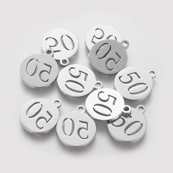 201 Stainless Steel Charms Flat Round with Number 50 Stainless Steel color 14.1x11.8x1mm Hole: 1mm
