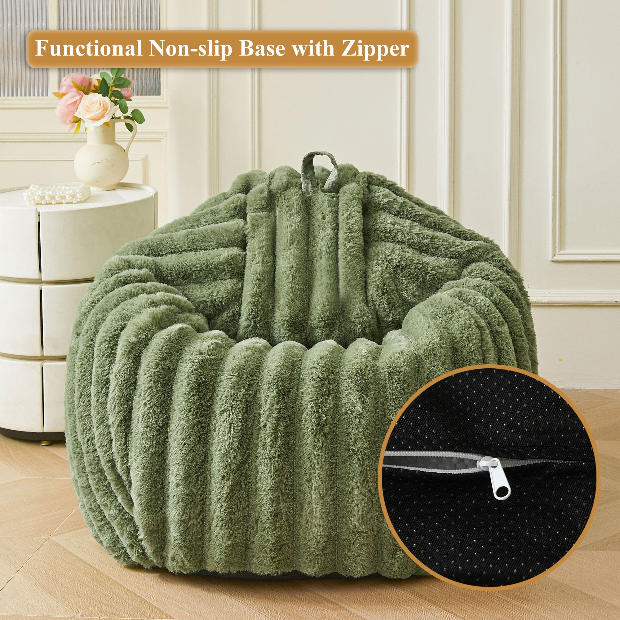 XeGe Kids Fluffy Faux Rabbit Fur Bean Bag Chair Cover(No Filler), Cozy Moss Shaggy Striped Stuffed Animal Storage Bean Bag for Plush Toys, Fuzzy Ribbed Beanbag Cover Kids Girls Adult, Sage Green