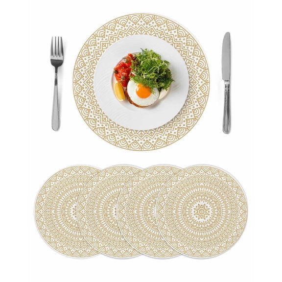 Beige Boho Round Placemats Set of 4 for Dinning Tables,Heat-proof Braided Table Mats 15 Inch,Retro Farmhouse Ethnic Abstract Geometric Art Washable Place Mat for Kitchen Restaurant Party Table Decor