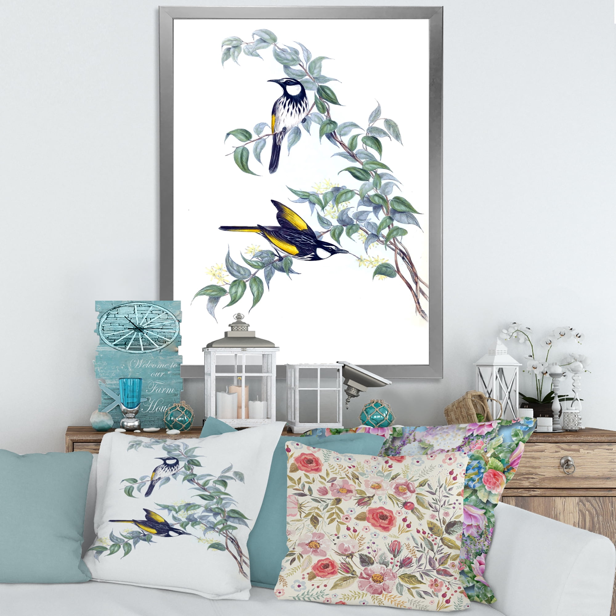 Designart 'Ancient Australian Birds On A Branch' Traditional Framed Art Print
