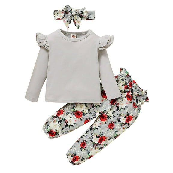 CARETOO Baby Girls Toddler Girl Casual Clothes Long Sleeve Ruffle Top Floral Pant Headband 3Pcs 1-5T