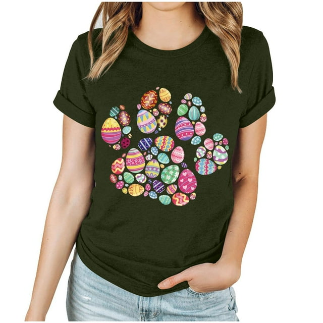 EGNMCR Chemise de Pâques à Manches Courtes pour Femmes Imprimé de Pâques Haut à Manches Courtes Col Rond T-Shirts pour Femmes