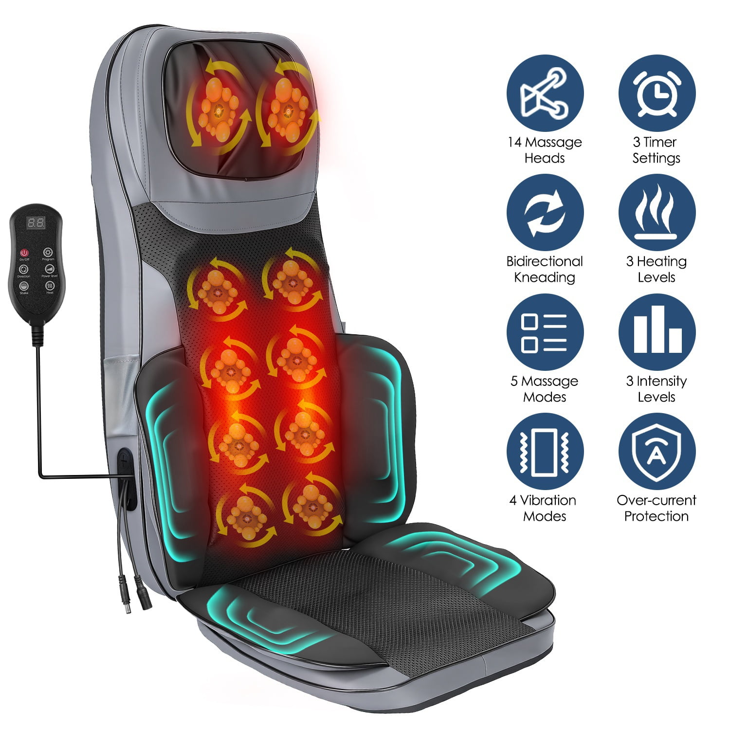 Moclever Shiatsu Neck Back Massager with Heat, Full Body 3D Kneading Massage Chair Pad for Home, Grey