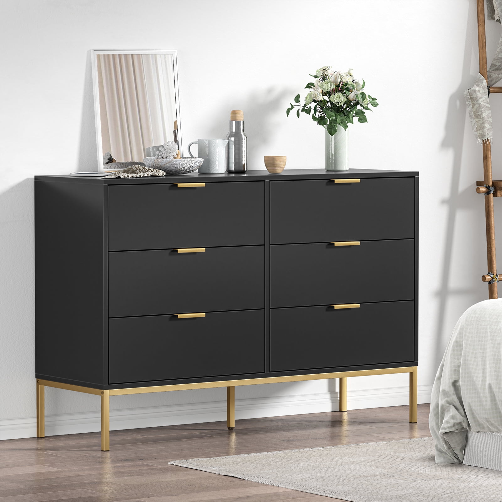 Eumyviv Modern Chest of Drawers with Gold Handles Mid Century Modern 6-Drawer Storage Dresser for Bedroom Living Room, Black H0123