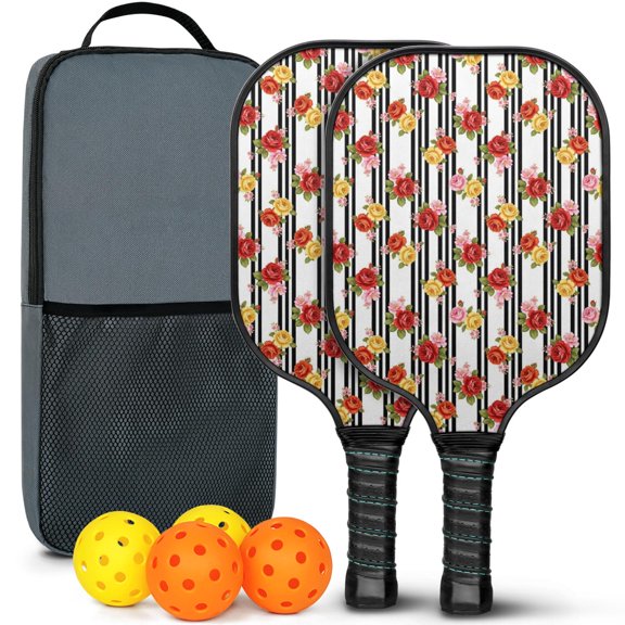Pickleball Paddles Set,Pioneer Flower Floral Print Pattern Fiberglass Surface Pickleball Racket Set with 2 Indoor Outdoor Pickleball Balls and Pickleball Bag,Pickle-ball Equipment