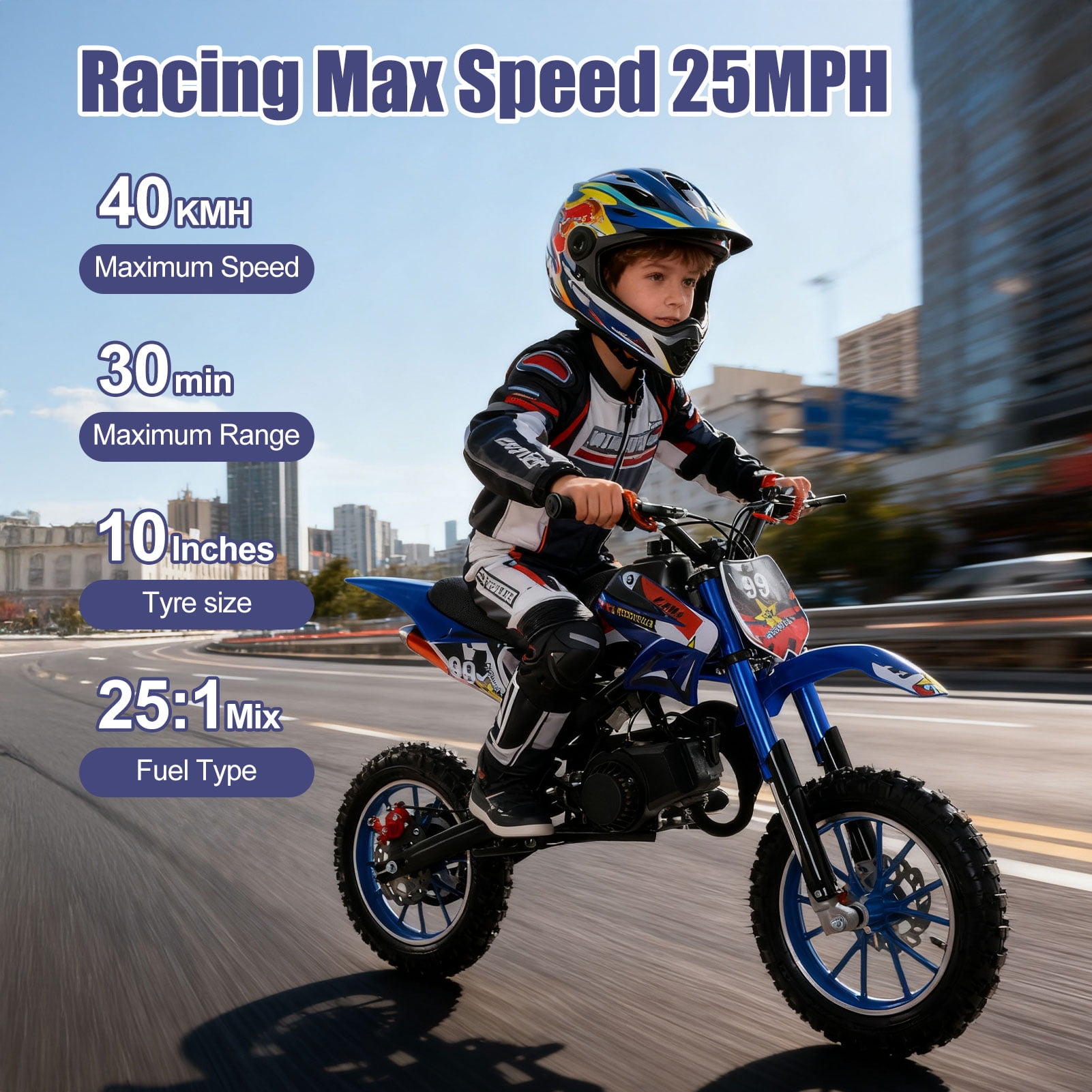 49cc 2-Stroke Kids Dirt Bike - 40KM/H Gas Powered Off-Road Motorcycle with Front/Rear Disc Brakes (Red)