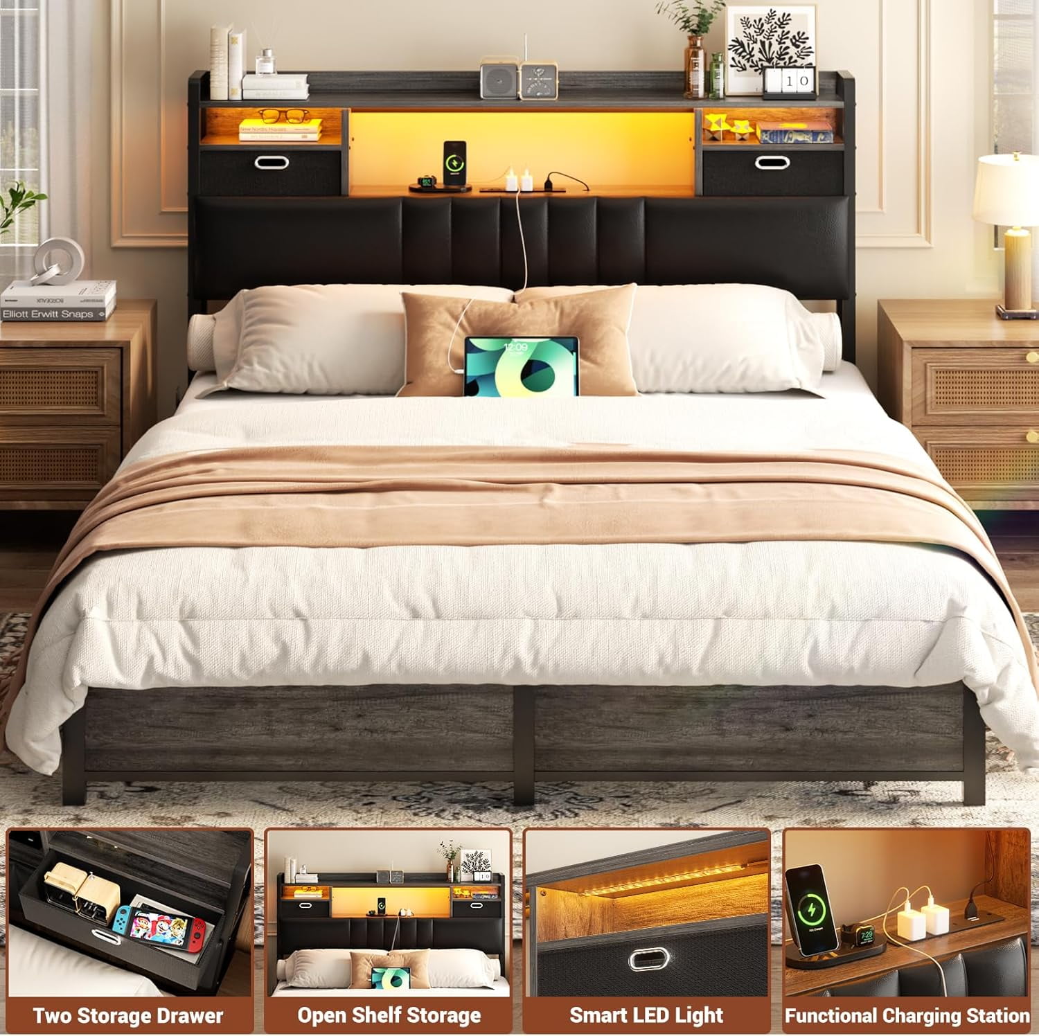 Homieasy Full Headboard with Drawer Storage and RGB LED Light, Full Size Upholstered Headboard with Charging Station and Bookcase, for Bedroom/Dorm Room/Guest Room, Black Oak