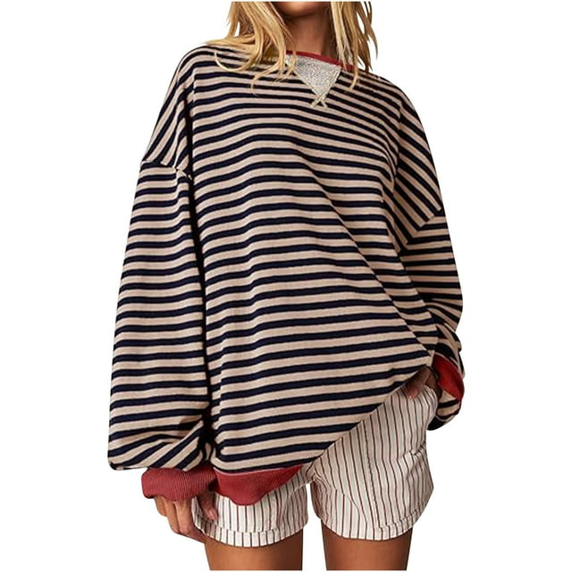 GigrtiJin Chandail en Molleton Oversize à Rayures pour Femmes Manches Longues Col Rond Tops à Blocs de Couleur Chandail Décontracté Tendance Blouses