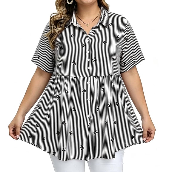ClodeEU Women's Striped Embroidered Plus Size Print Short Sleeve Peplum Blouse, Casual Button Down Summer Shirt Black,Women's Plus L