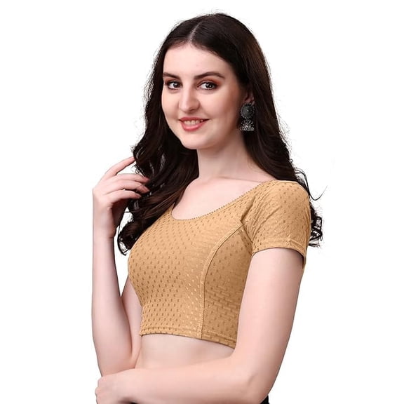 Round Neck Dobby Cotton Stretchable Short Sleeve Readymade Saree Blouse (Beige, XL)