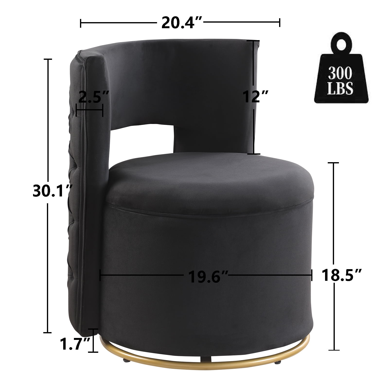 Leumius 360° Swivel Accent Chair with Storage,Velvet Curved Chair with Gold Metal Base for Living Room,Nursery,Bedroom-Black