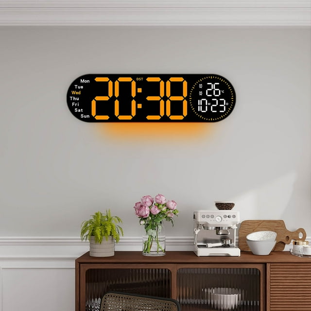 Vwrxbz 17.3 Inch LED Digital Wall Clock Large Display Temperature Humidity Calendar RGB Night Light Remote Control Alarm Clock for Living Room