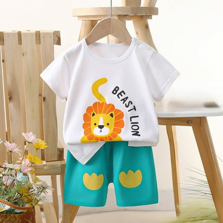 Tfken Outfits Sets For Children Girls Cute Short Sleeve Cartoon Print White Tops Shorts Home Crew Neck Outfit Set Size 9-18 Months