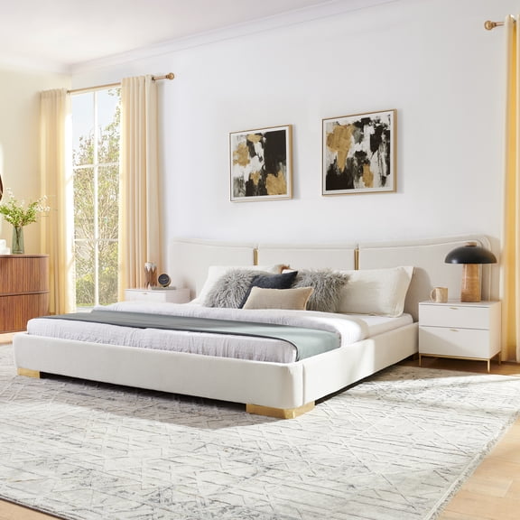 JUYG King Extra Large Platform Bed with Chenille Fabric and Curved Headboard, Beige